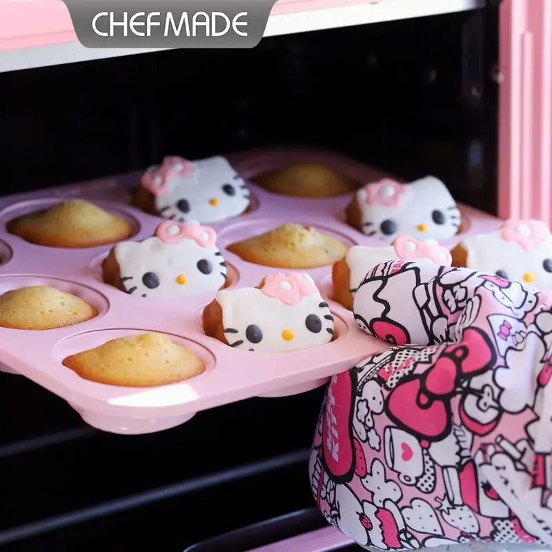 Hello Kitty-themed silicone mold with baked goods in an oven, featuring the brand 'Chef Made'.