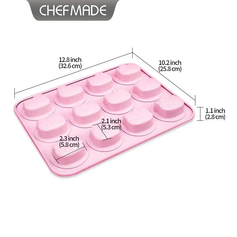 Pink silicone mold with dimensions labeled on a white background, featuring the brand 'CHEFMADE'.