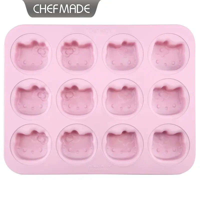Pink silicone mold with cat face designs on a white background, branded 'CHEFMADE'.