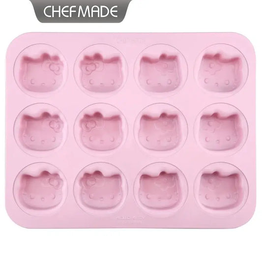 Pink silicone mold with cat face designs on a white background, branded 'CHEFMADE'.