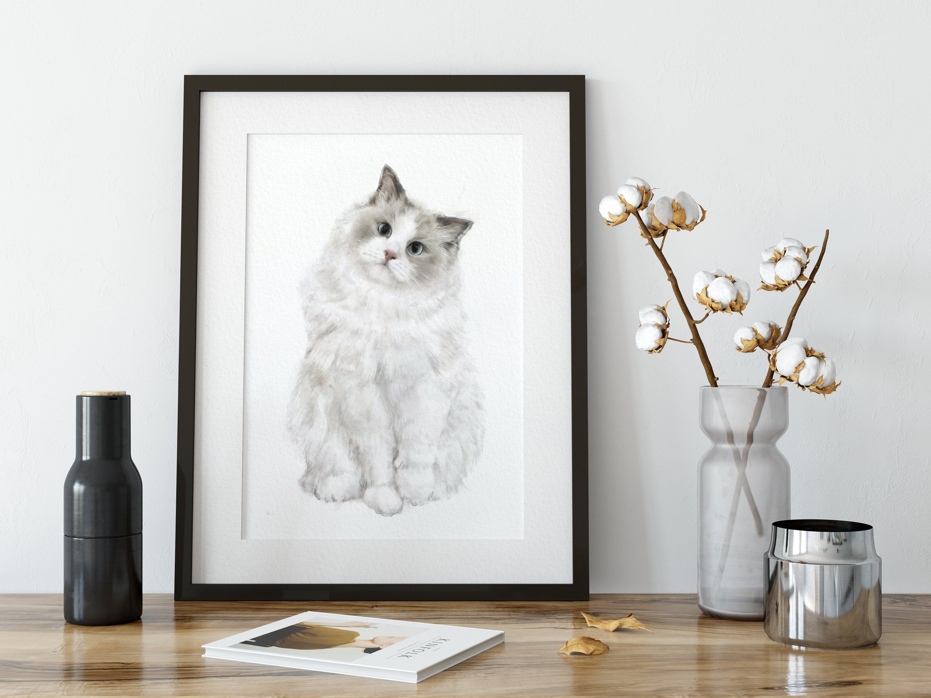 Ragdoll Cat Watercolor Painting, Fluffy Cat Modern Wall Art for Home Decor, Minimalistic Grey and White Cat Lover Gift, Signed by Artist