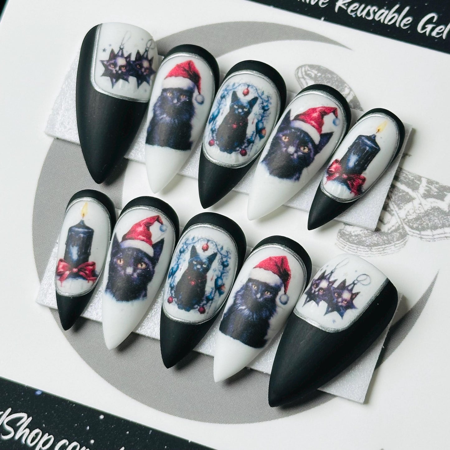 Black Cat Christmas False Nails