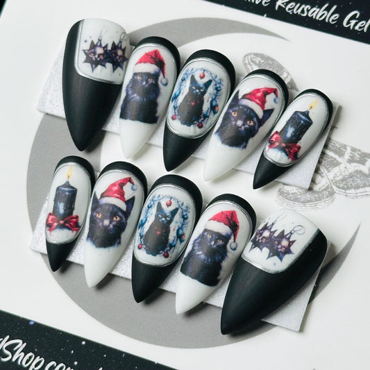 Black Cat Christmas False Nails