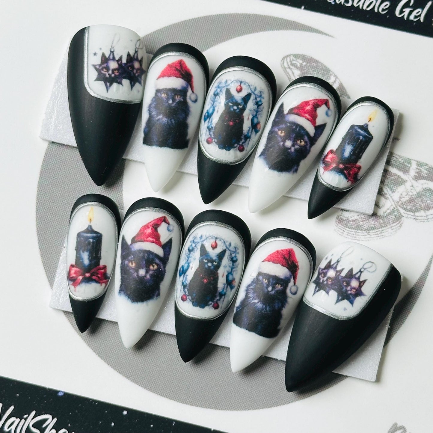 Black Cat Christmas False Nails